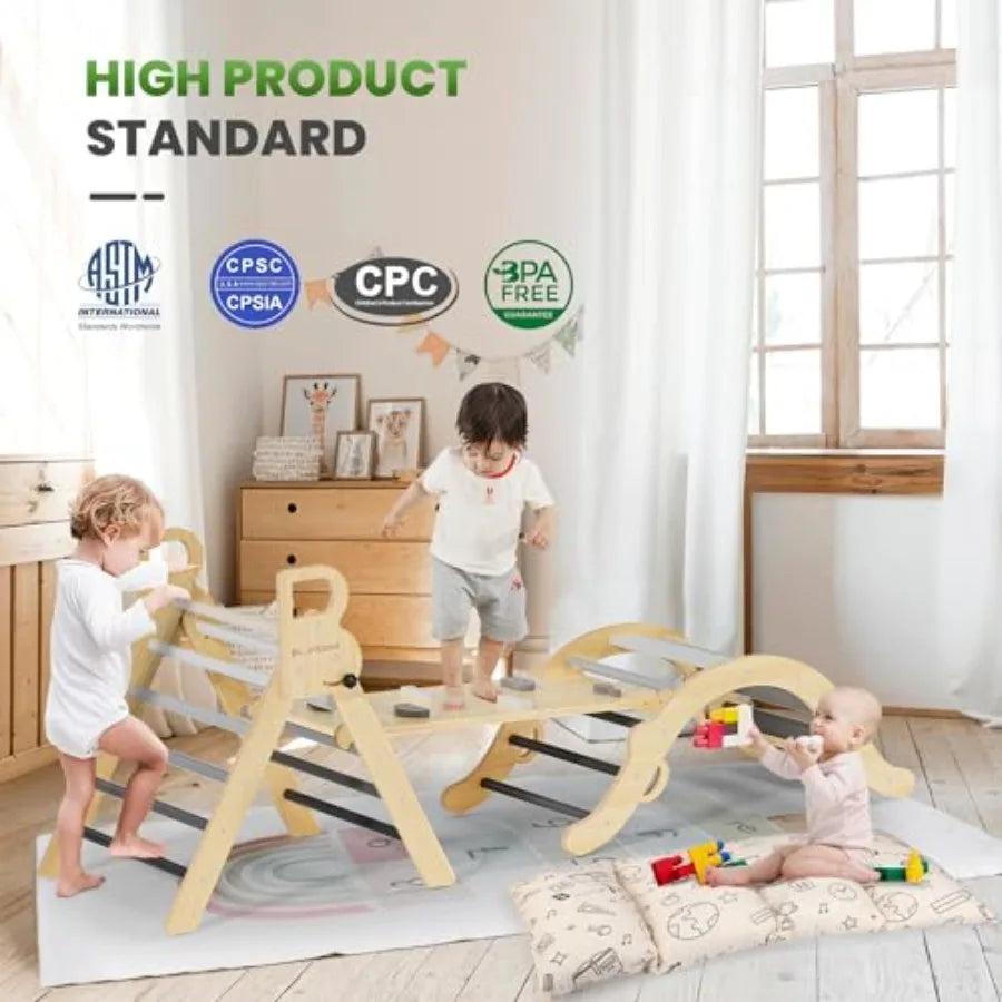 Pikler Triangle Set with Cushion 8-in-1 Climbing Toys for Toddlers Montessori Philosophy Play Jungle Gym with Arch Ramp Ladder