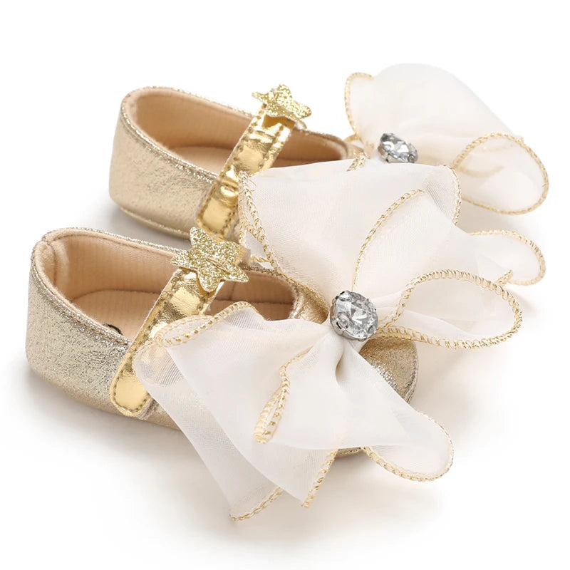 Golden 0-18M Baby Girl Shoes Cute Bow Flat Shoes Soft Sole Newborn Princess Walker Sandals Formal Baby Shoes