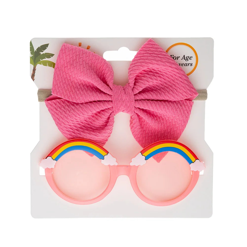 2Pcs/Set Rainbow Baby Sunglasses Bullet Bow Elastic Nylon Hair Bands Kids Boys Girls Cute Sun Glasses Photography Props