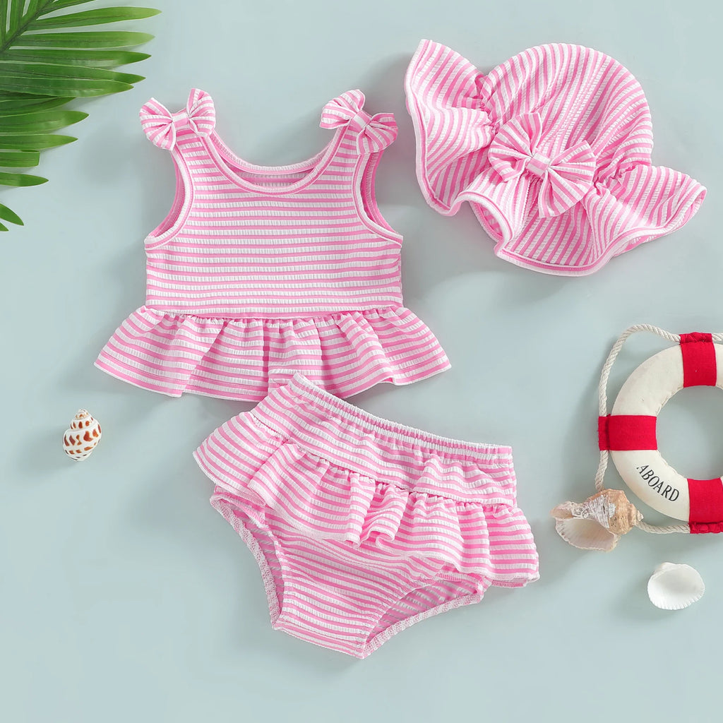 Adorable Infant Romper Stylish Sleeveless Swimsuit with Matching Hat 3Pcs Outfit Set