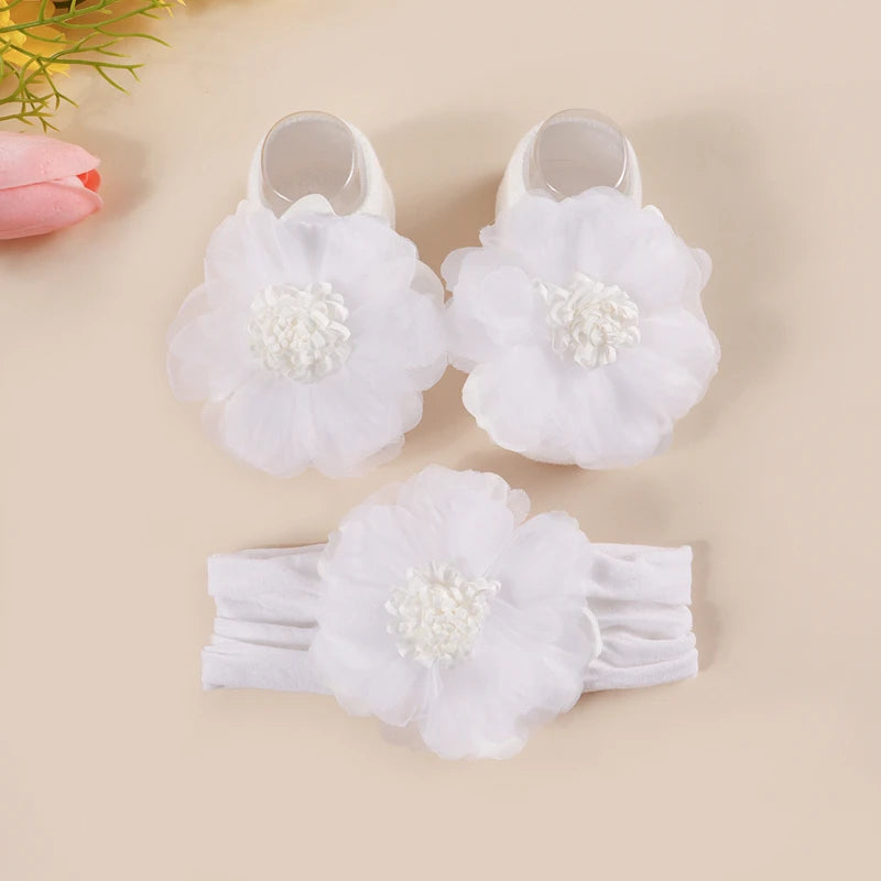 Baby Socks Headband Set Lace Flower Jacquard Anti-Slip Cotton 0-12 Months Newborn Gift Set Infant Girl Accessories