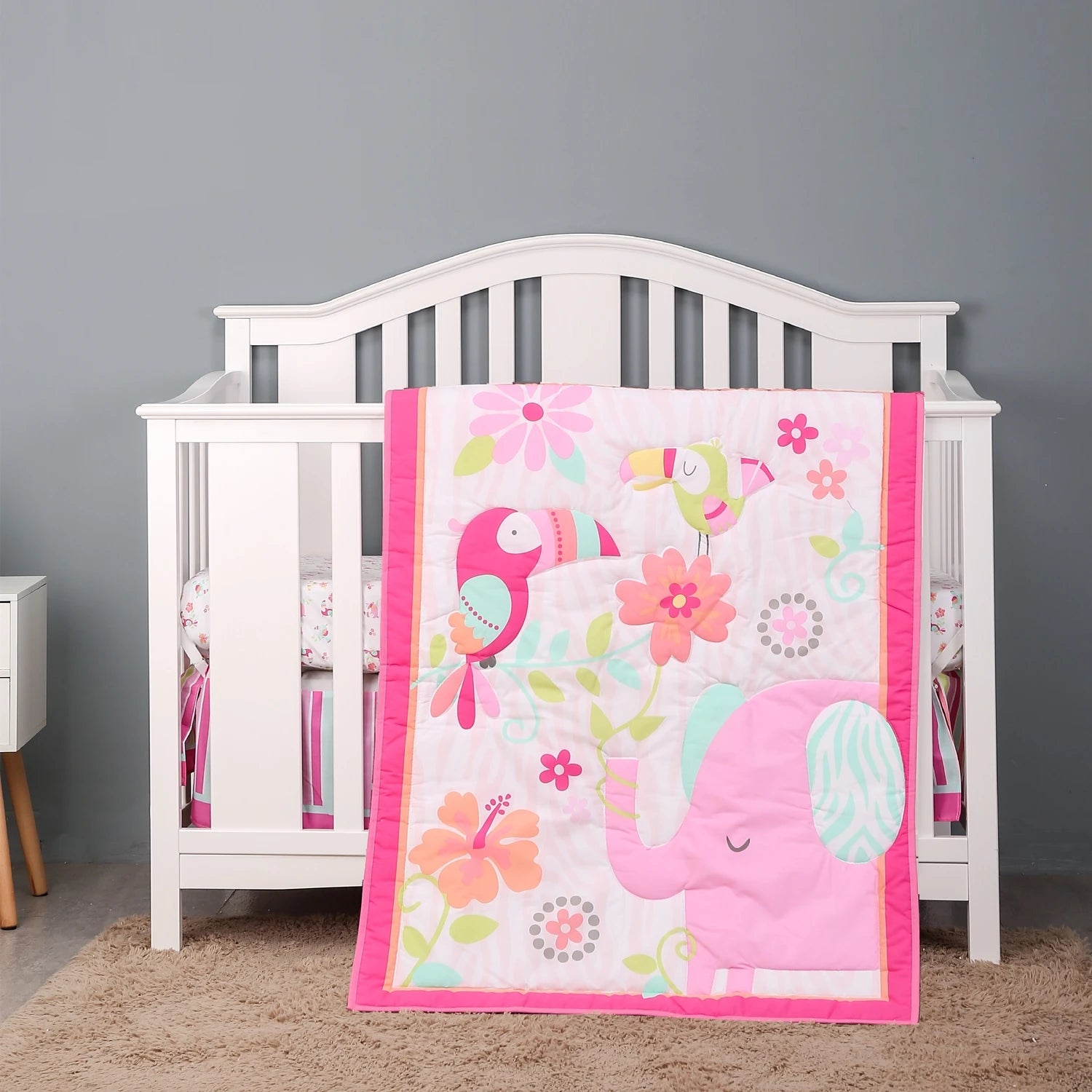 Pink Elephant Cot Baby Bedding Set Nursery Bedding for Standard Size Crib Bed Set 3Piece Comforter Fitted Sheet Crib Skirt