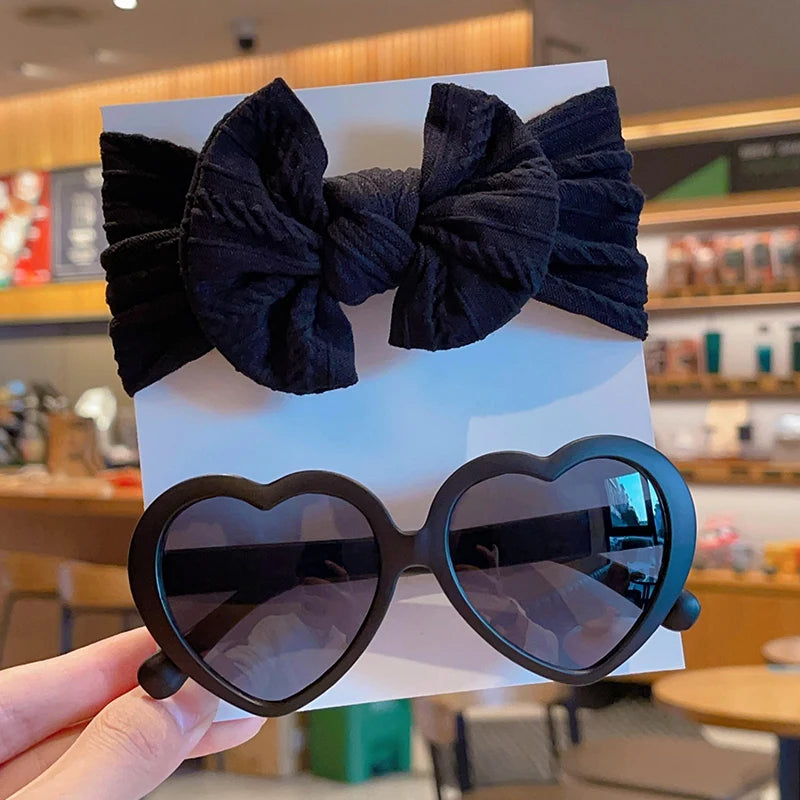 2 Pcs/Set Heart Circle Edge UV400 Sunglasses Cute Colorful Soft Bowknot Wide Hairbands Headwear Set Lovely Kids Hair Accessories