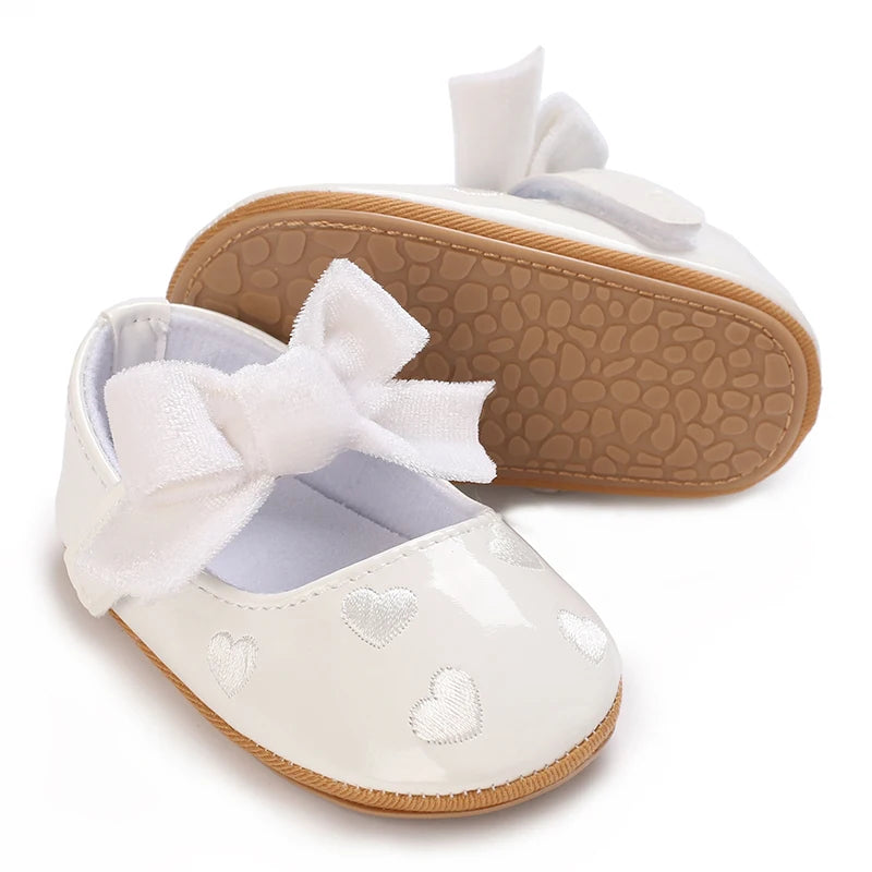 VALEN SINA 0-18 Months Newborn Girl White Shoes With Bow Non-slip Rubber Soft-Sole Flat PU First Walker Mary Janes