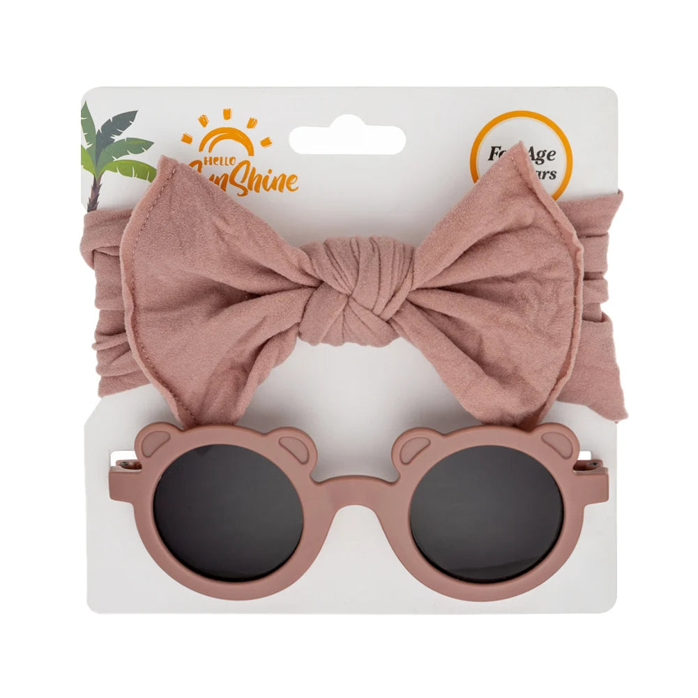 2Pcs/Set Bear Baby Sunglasses High Elastic Nylon Bow Headbands Color Round Frame Polarized Sun Protection Glasses Kids Eyewear