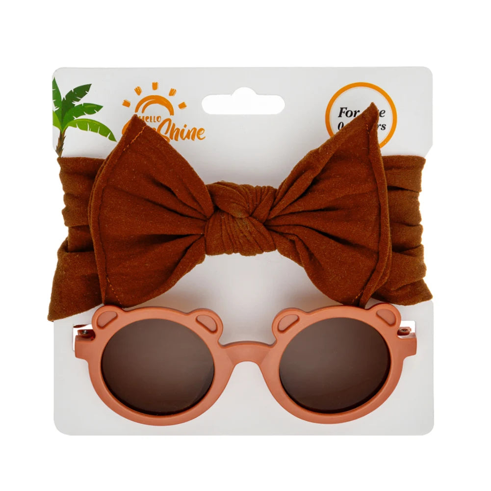 2Pcs/Set Bear Baby Sunglasses High Elastic Nylon Bow Headbands Color Round Frame Polarized Sun Protection Glasses Kids Eyewear