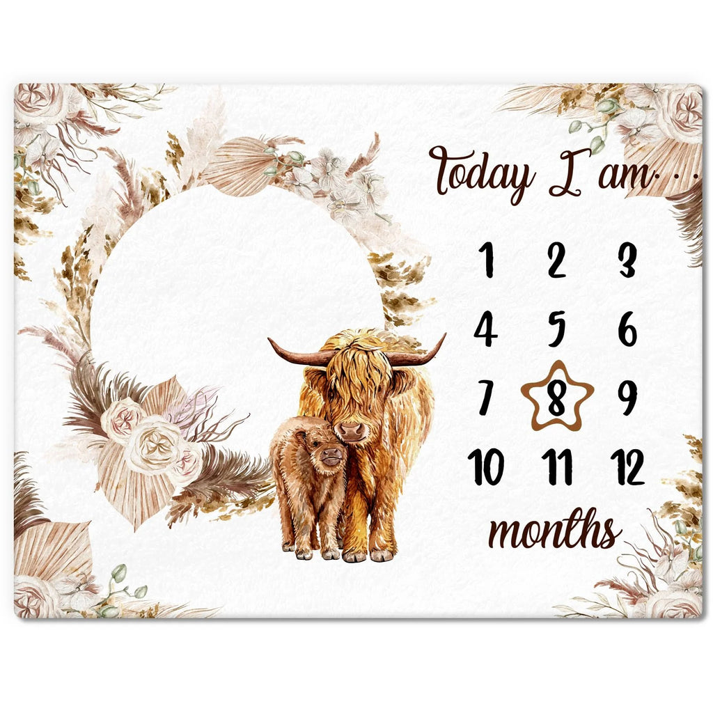 VIKAMA Highland Cow Baby Milestone Blanket Boho Floral Wreath Print 12-Month Growth Tracker Backdrop