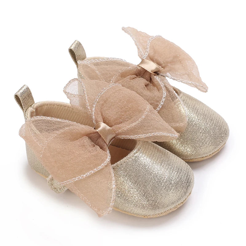 Golden 0-18M Baby Girl Shoes Cute Bow Flat Shoes Soft Sole Newborn Princess Walker Sandals Formal Baby Shoes