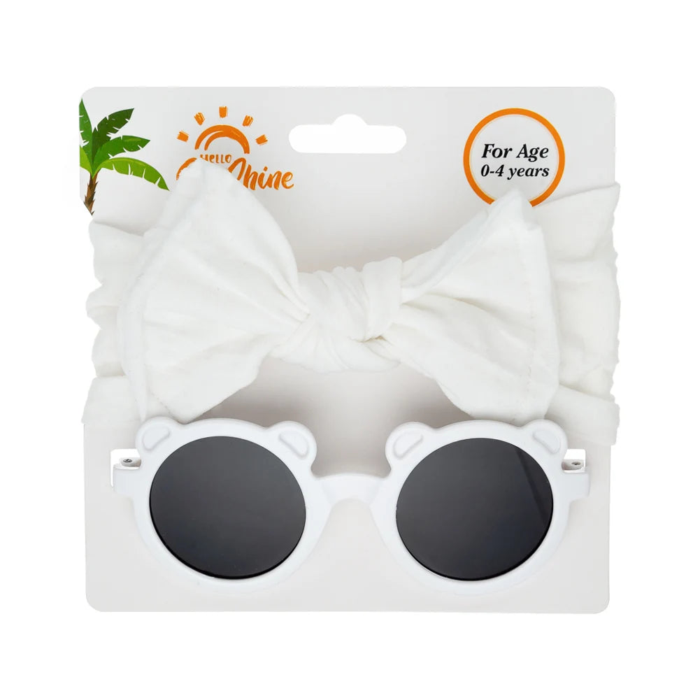 2Pcs/Set Bear Baby Sunglasses High Elastic Nylon Bow Headbands Color Round Frame Polarized Sun Protection Glasses Kids Eyewear