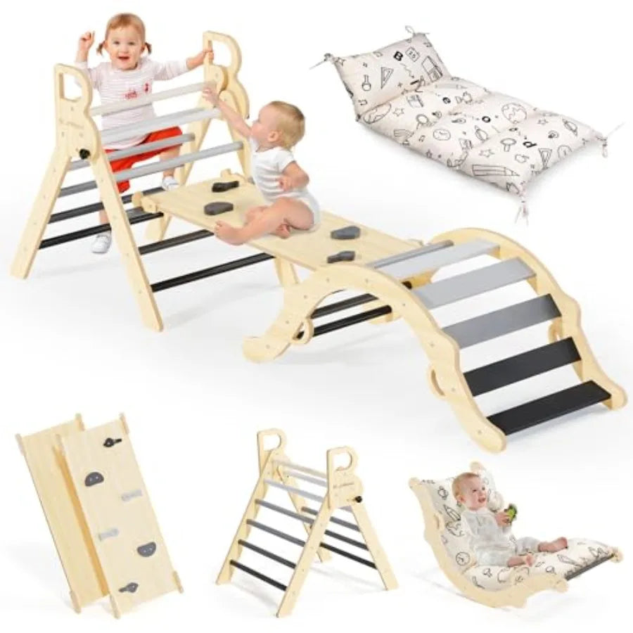 Pikler Triangle Set with Cushion 8-in-1 Climbing Toys for Toddlers Montessori Philosophy Play Jungle Gym with Arch Ramp Ladder