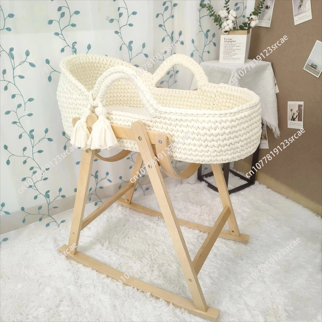 Baby Cradle Handwoven Beige Crochet Bassinet Portable Moses Basket Newborn Lounger with Wooden Stand and Soft Mattress