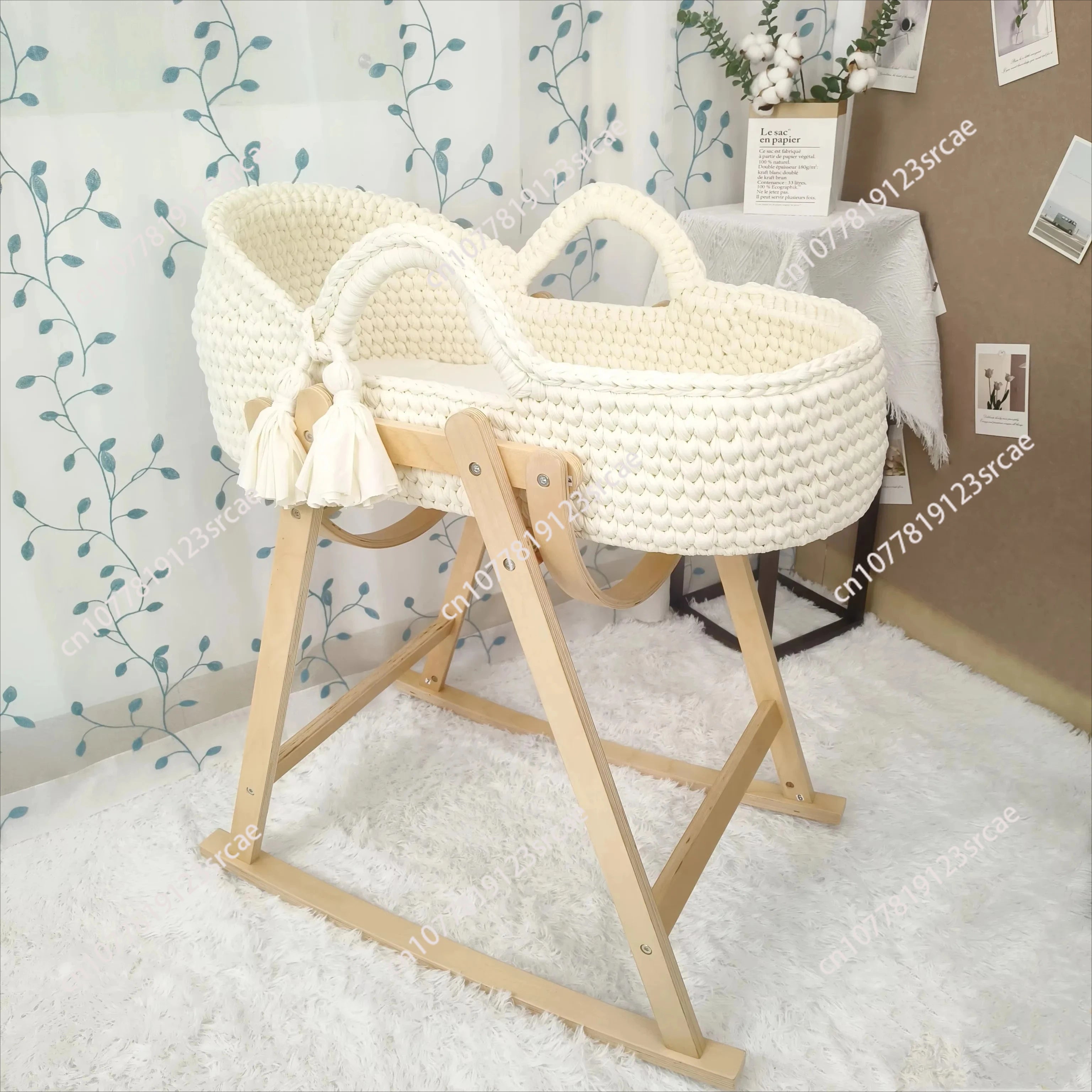 Baby Cradle Handwoven Beige Crochet Bassinet Portable Moses Basket Newborn Lounger with Wooden Stand and Soft Mattress