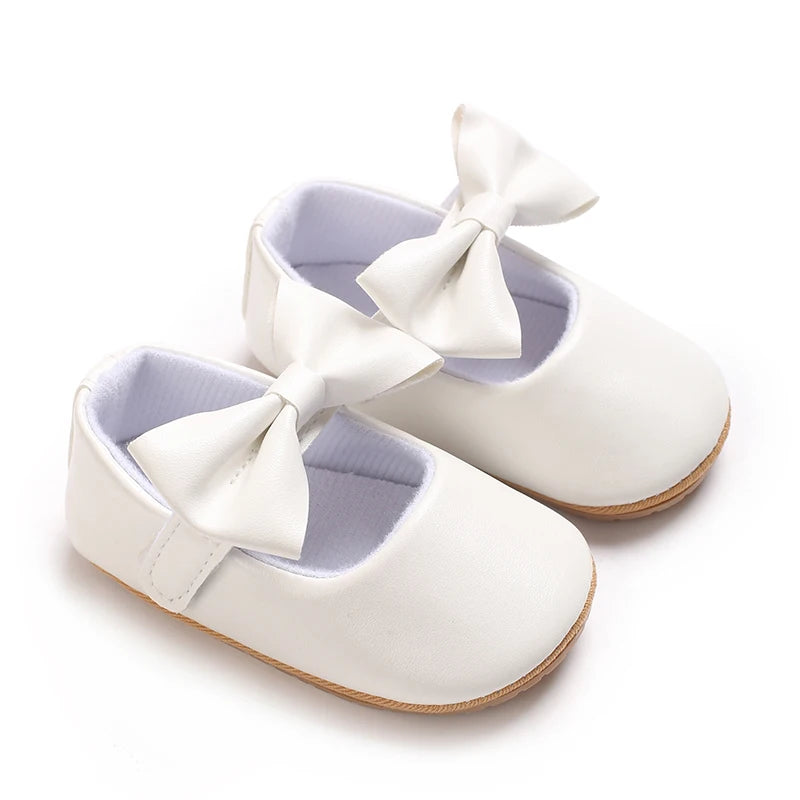 VALEN SINA 0-18 Months Newborn Girl White Shoes With Bow Non-slip Rubber Soft-Sole Flat PU First Walker Mary Janes
