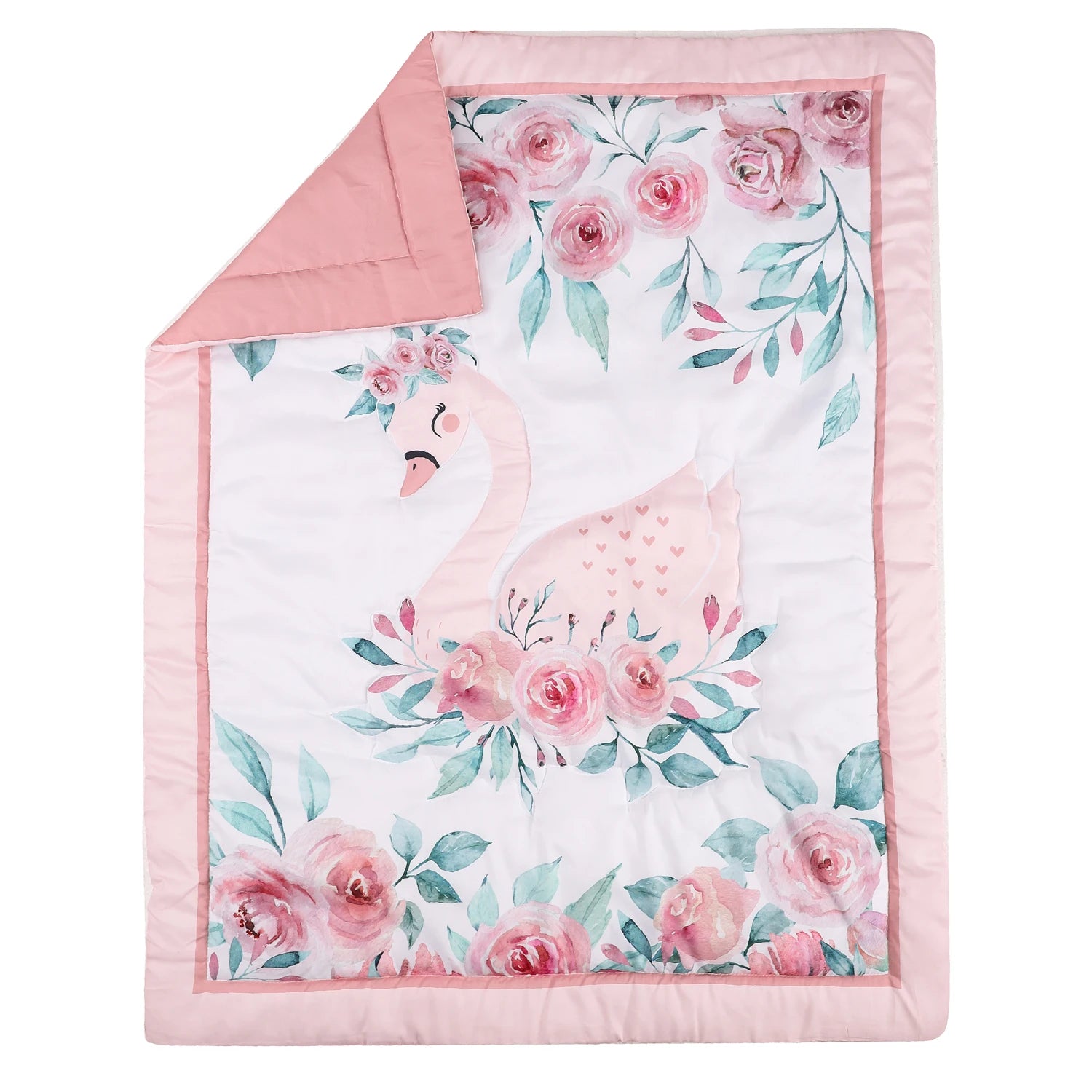 3pcs micro fiber brushed Baby Crib Bedding Set swan and flower design for Girls hot sale including quilt, crib sheet, crib skirt