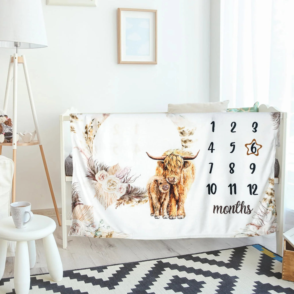 VIKAMA Highland Cow Baby Milestone Blanket Boho Floral Wreath Print 12-Month Growth Tracker Backdrop