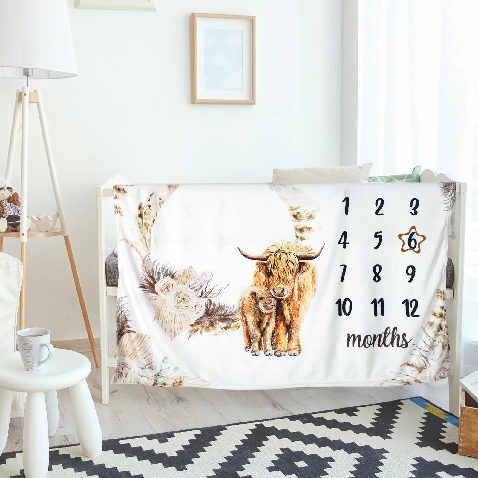 VIKAMA Highland Cow Baby Milestone Blanket Boho Floral Wreath Print 12-Month Growth Tracker Backdrop