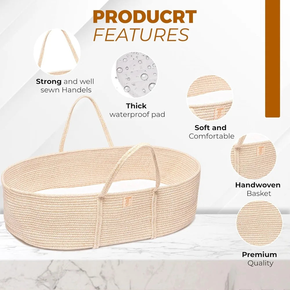 Trendy Baby Changing Basket Set 4 Pcs with Waterproof Pad Cover Diaper Organizer Cotton Blanket Moses Basket Nursery Decor