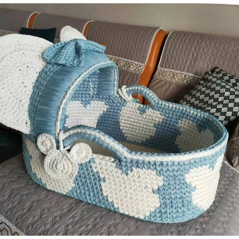Poly Color Hand Knitted Moses Baby Basket Portable Change Cradle Baby Storage Basket