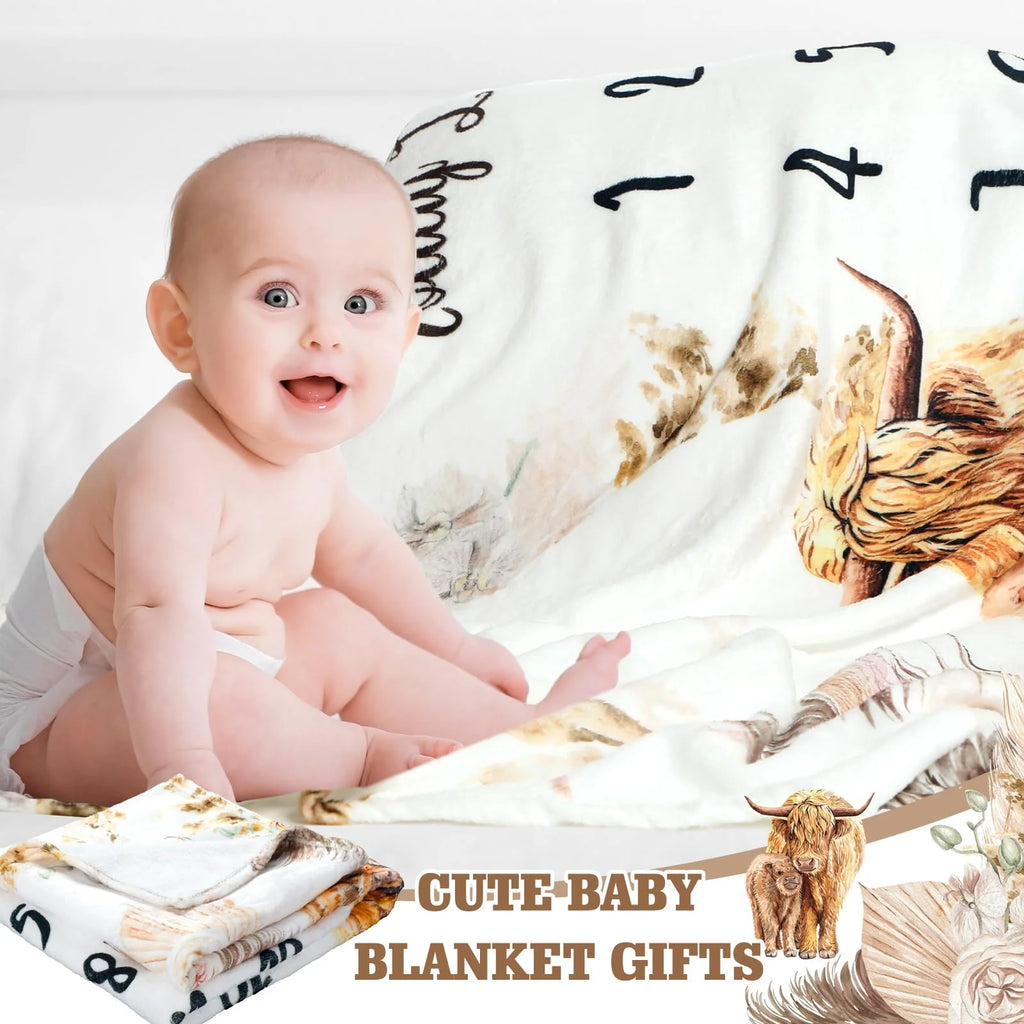 VIKAMA Highland Cow Baby Milestone Blanket Boho Floral Wreath Print 12-Month Growth Tracker Backdrop