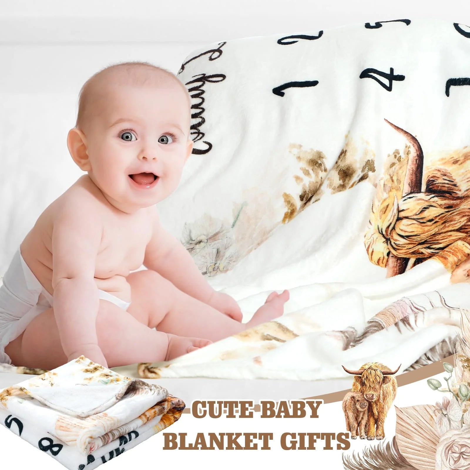 VIKAMA Highland Cow Baby Milestone Blanket Boho Floral Wreath Print 12-Month Growth Tracker Backdrop