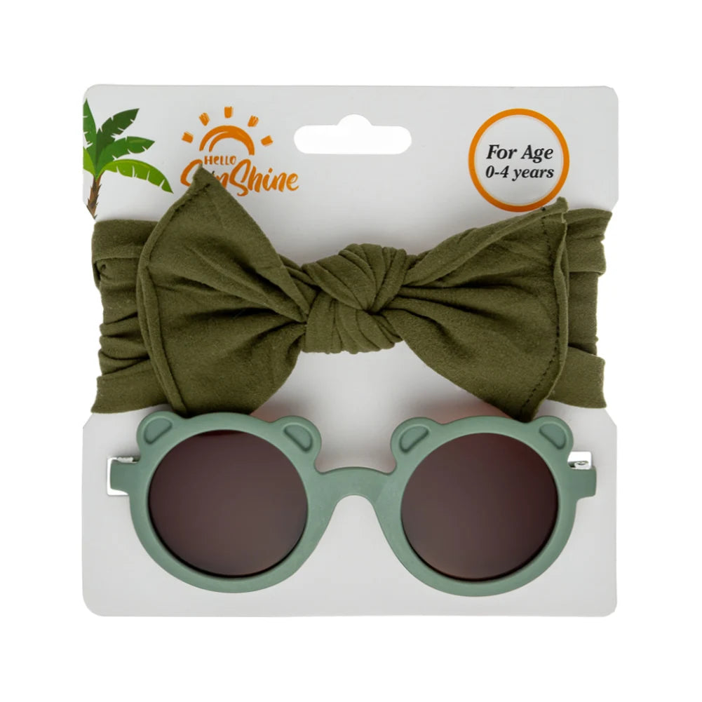 2Pcs/Set Bear Baby Sunglasses High Elastic Nylon Bow Headbands Color Round Frame Polarized Sun Protection Glasses Kids Eyewear