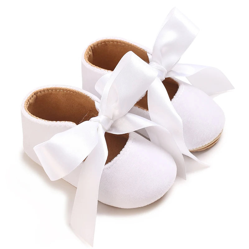 VALEN SINA 0-18 Months Newborn Girl White Shoes With Bow Non-slip Rubber Soft-Sole Flat PU First Walker Mary Janes