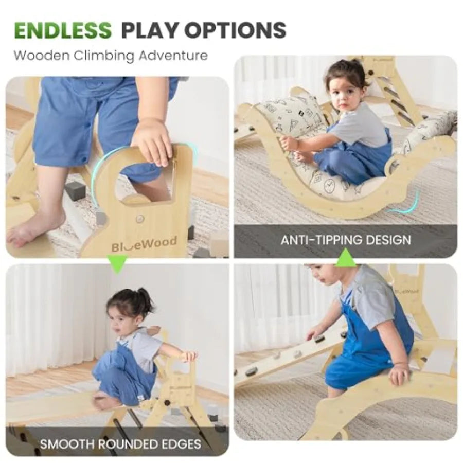 Pikler Triangle Set with Cushion 8-in-1 Climbing Toys for Toddlers Montessori Philosophy Play Jungle Gym with Arch Ramp Ladder