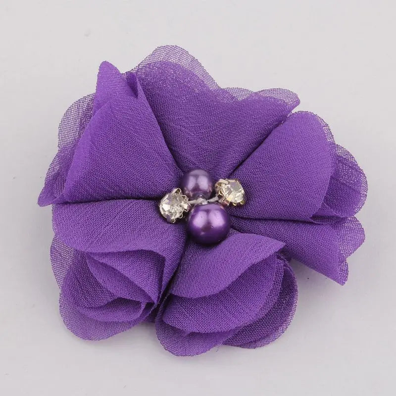 10PCS 2" 35 Colors Cute Chic Chiffon Flowers With Rhinestone Pearl Fabric Hair Flower With Clips For Girls Hair Accessories