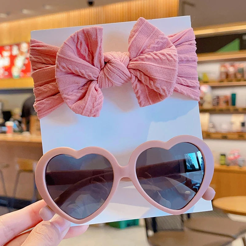 2 Pcs/Set Heart Circle Edge UV400 Sunglasses Cute Colorful Soft Bowknot Wide Hairbands Headwear Set Lovely Kids Hair Accessories