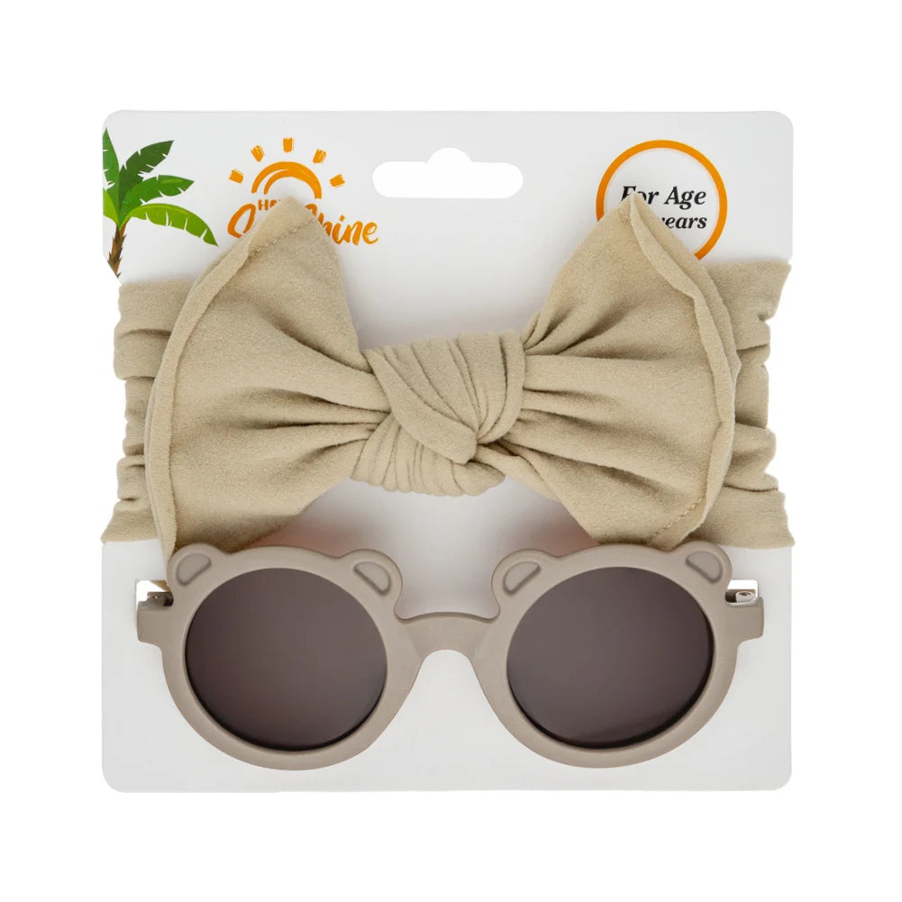 2Pcs/Set Bear Baby Sunglasses High Elastic Nylon Bow Headbands Color Round Frame Polarized Sun Protection Glasses Kids Eyewear