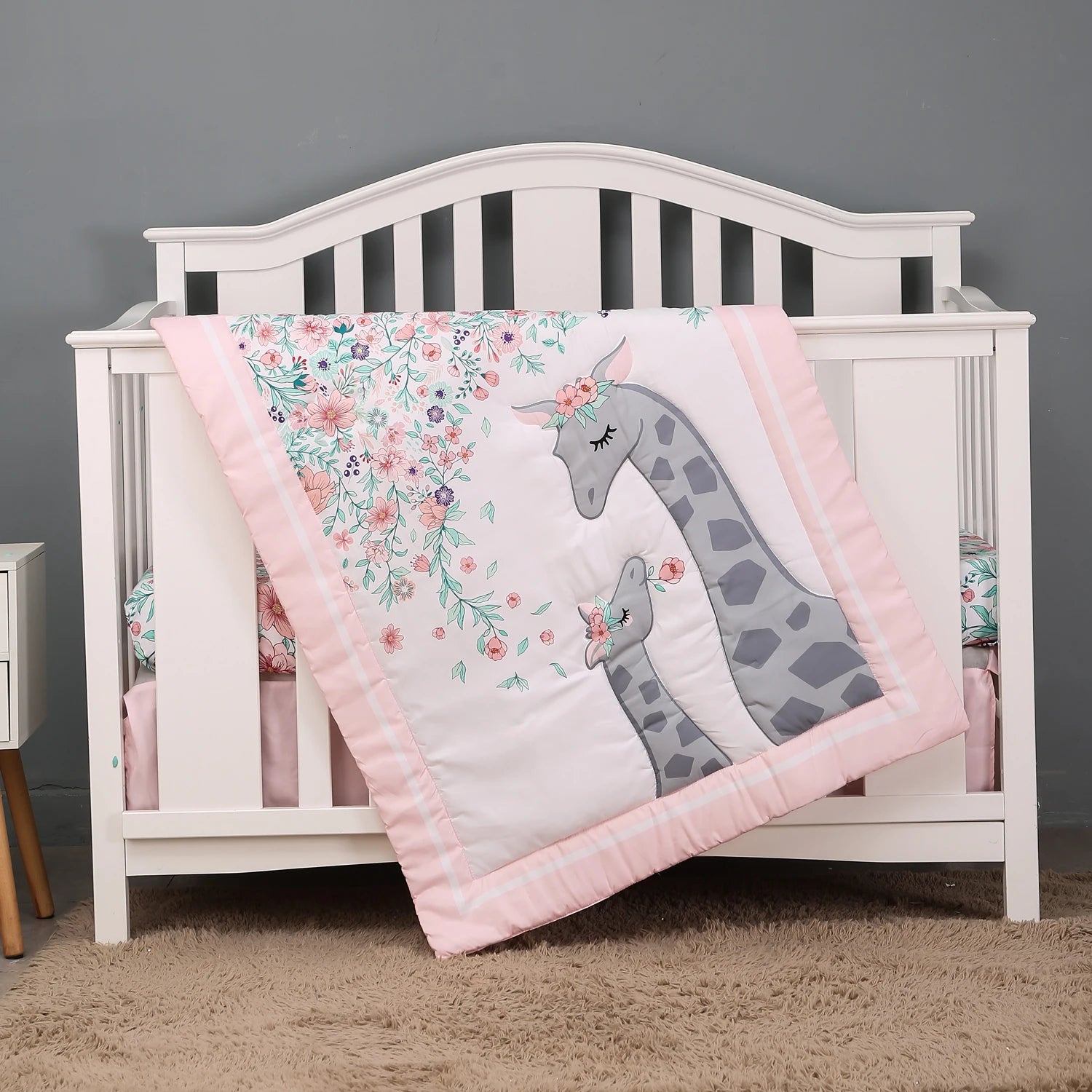 3pcs micro fiber brushed Baby Crib Bedding Set swan and flower design for Girls hot sale including quilt, crib sheet, crib skirt