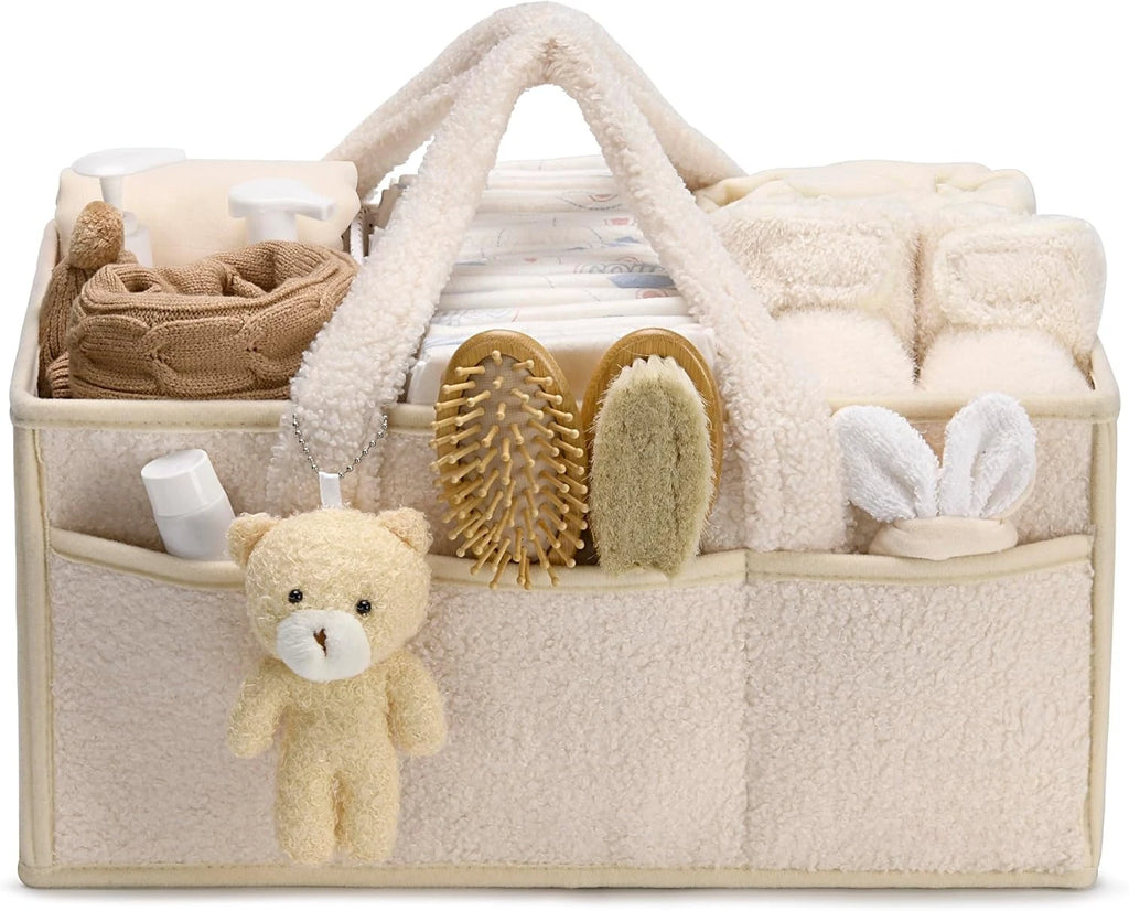 Baby Diaper Caddy Organizer for Changing Table, Plush Diaper Stackers & Caddies Diaper Bag with Teddy Bear,Diaper Storage Basket