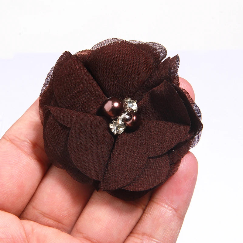 10PCS 2" 35 Colors Cute Chic Chiffon Flowers With Rhinestone Pearl Fabric Hair Flower With Clips For Girls Hair Accessories