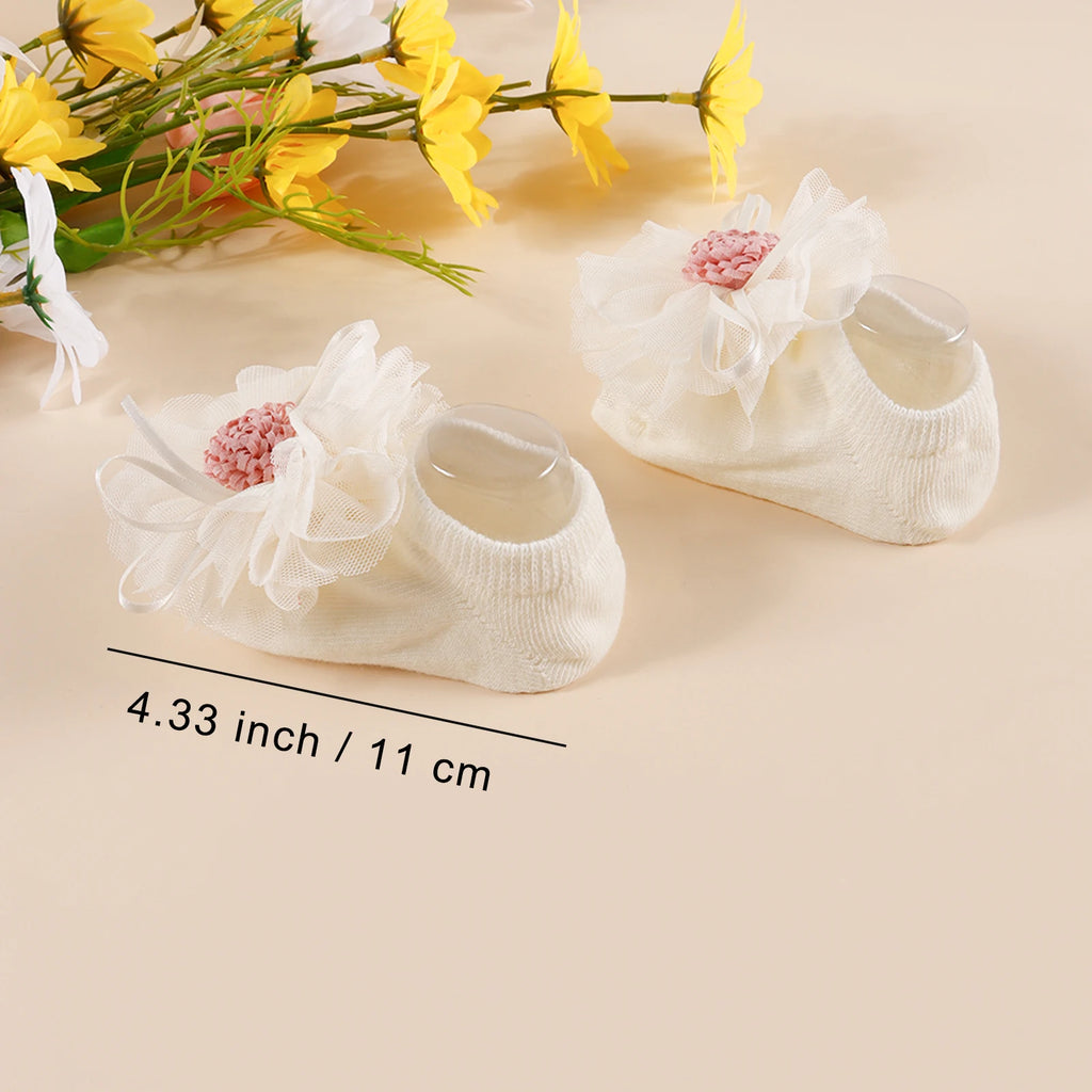 Baby Socks Headband Set Lace Flower Jacquard Anti-Slip Cotton 0-12 Months Newborn Gift Set Infant Girl Accessories