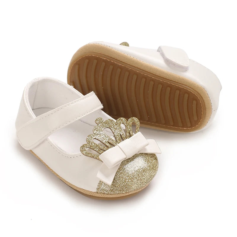 VALEN SINA 0-18 Months Newborn Girl White Shoes With Bow Non-slip Rubber Soft-Sole Flat PU First Walker Mary Janes