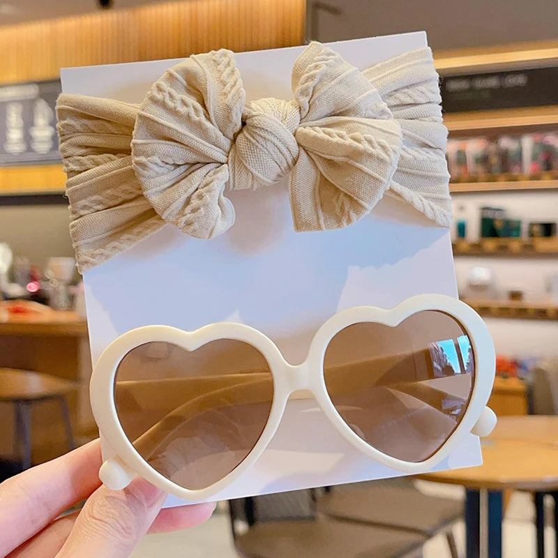 2 Pcs/Set Heart Circle Edge UV400 Sunglasses Cute Colorful Soft Bowknot Wide Hairbands Headwear Set Lovely Kids Hair Accessories