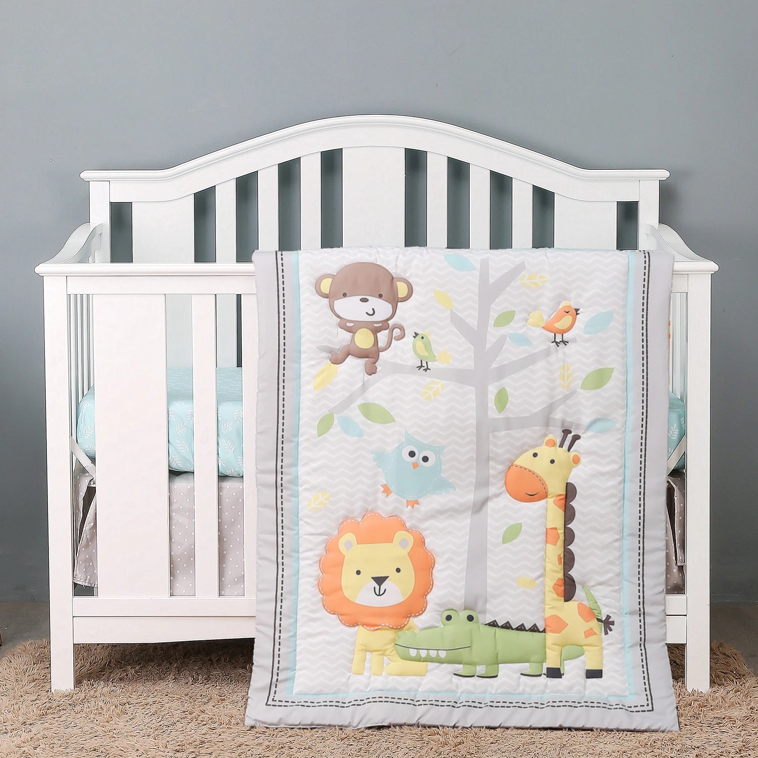 3Pcs Baby Infant Crib Kids Baby Bedding Set Crib Sheet Set Infant Newborn Nursery (Comforter Fitted Sheet Crib Skirt)