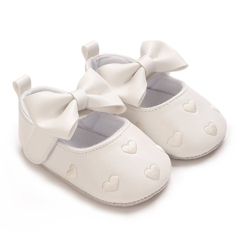 VALEN SINA 0-18 Months Newborn Girl White Shoes With Bow Non-slip Rubber Soft-Sole Flat PU First Walker Mary Janes