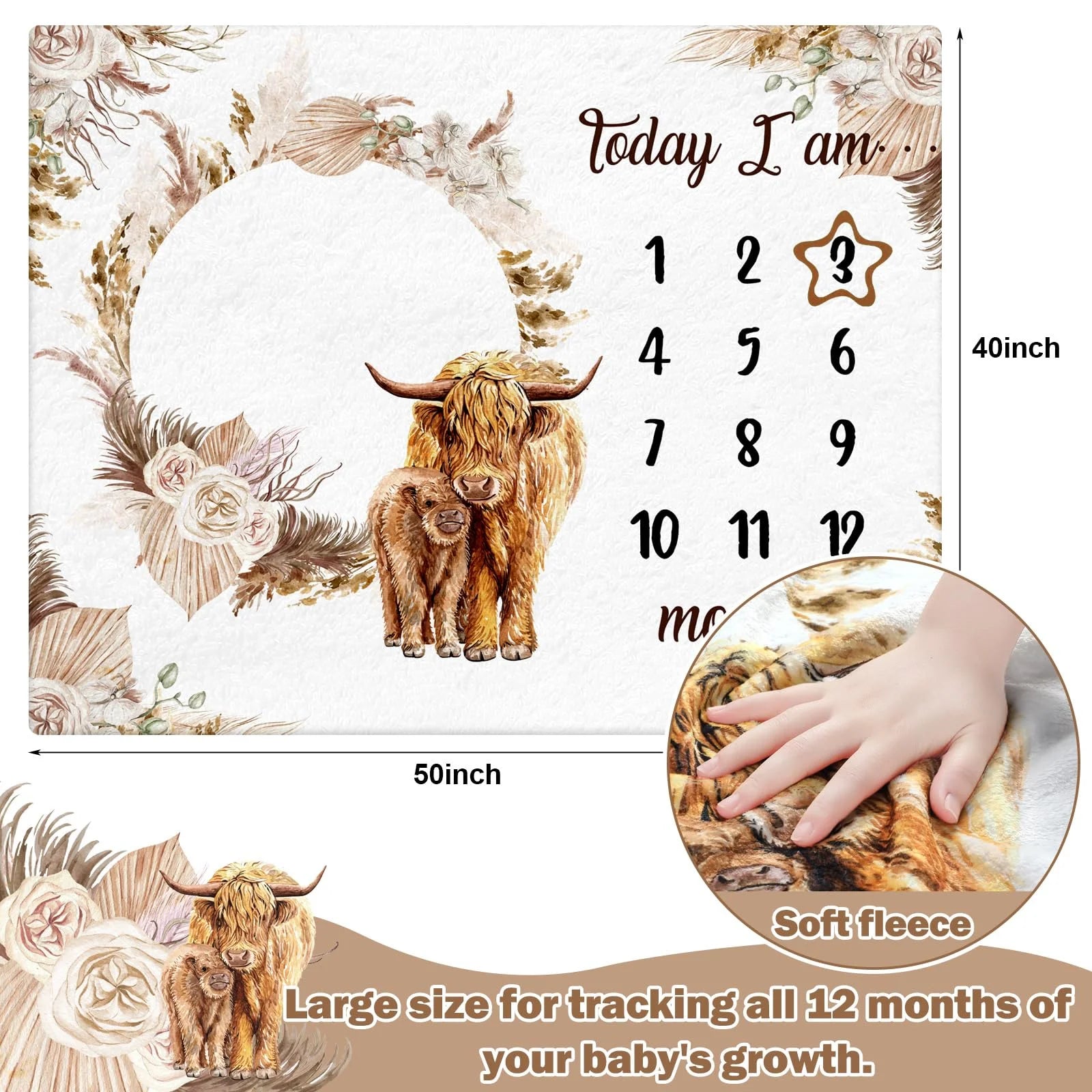 VIKAMA Highland Cow Baby Milestone Blanket Boho Floral Wreath Print 12-Month Growth Tracker Backdrop