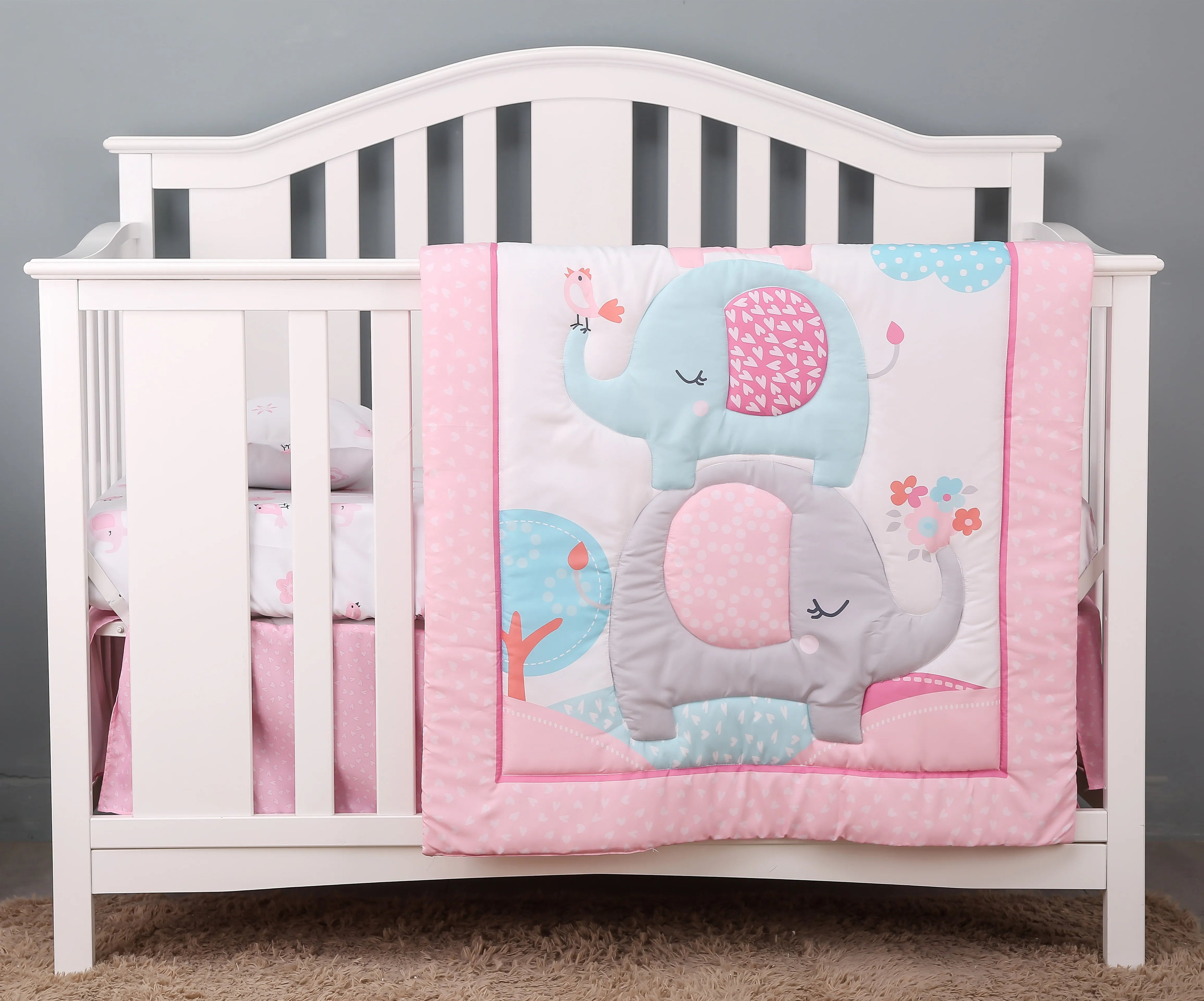 3pcs micro fiber brushed Baby Crib Bedding Set swan and flower design for Girls hot sale including quilt, crib sheet, crib skirt