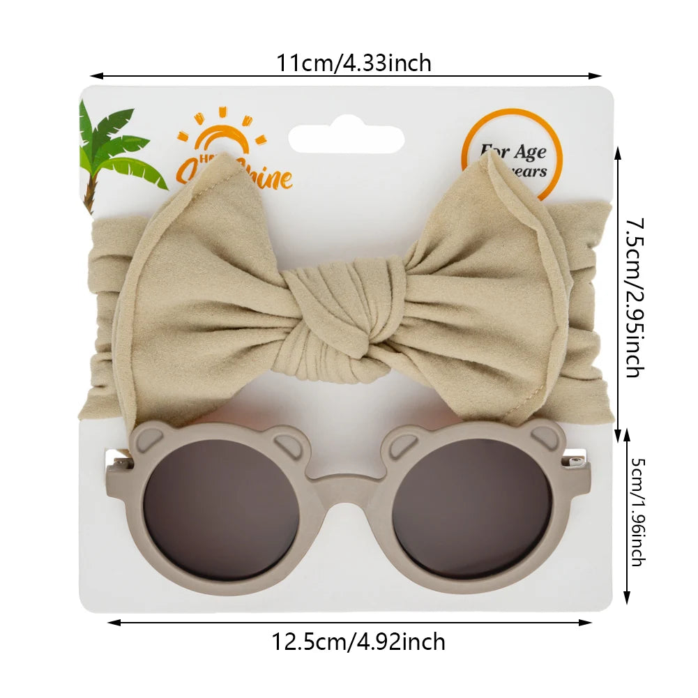 2Pcs/Set Bear Baby Sunglasses High Elastic Nylon Bow Headbands Color Round Frame Polarized Sun Protection Glasses Kids Eyewear