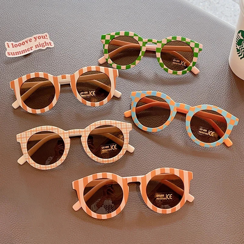 New Kids Cute Checker Panel Color Round UV400 Eyeglasses Baby Girls Outdoor Sun Protection Sunglasses Children Glasses