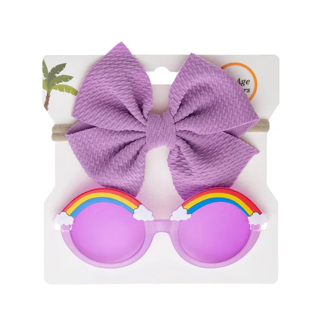 2Pcs/Set Rainbow Baby Sunglasses Bullet Bow Elastic Nylon Hair Bands Kids Boys Girls Cute Sun Glasses Photography Props