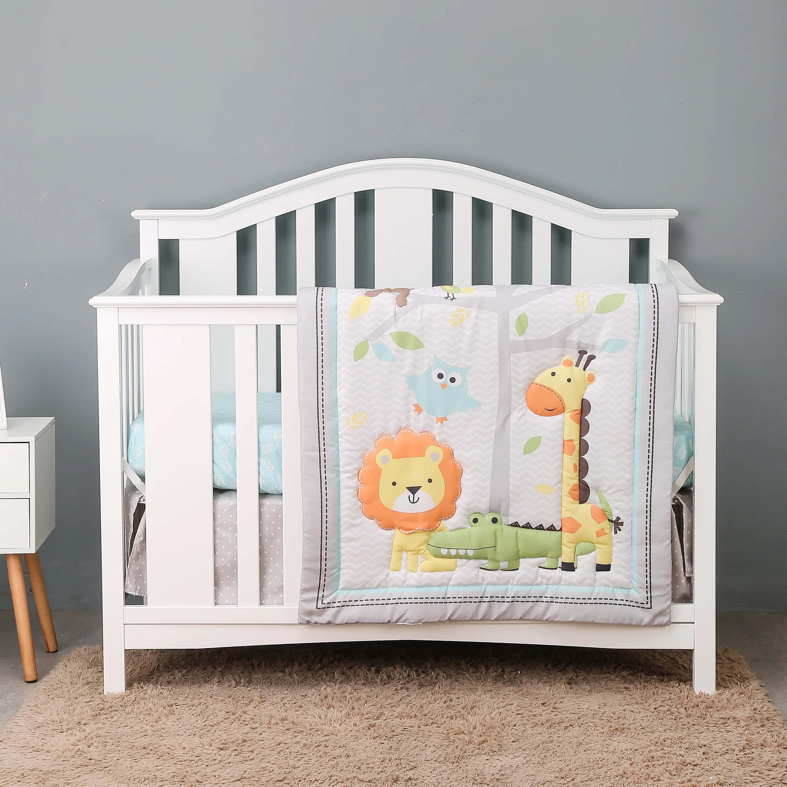3pcs micro fiber brushed Baby Crib Bedding Set swan and flower design for Girls hot sale including quilt, crib sheet, crib skirt
