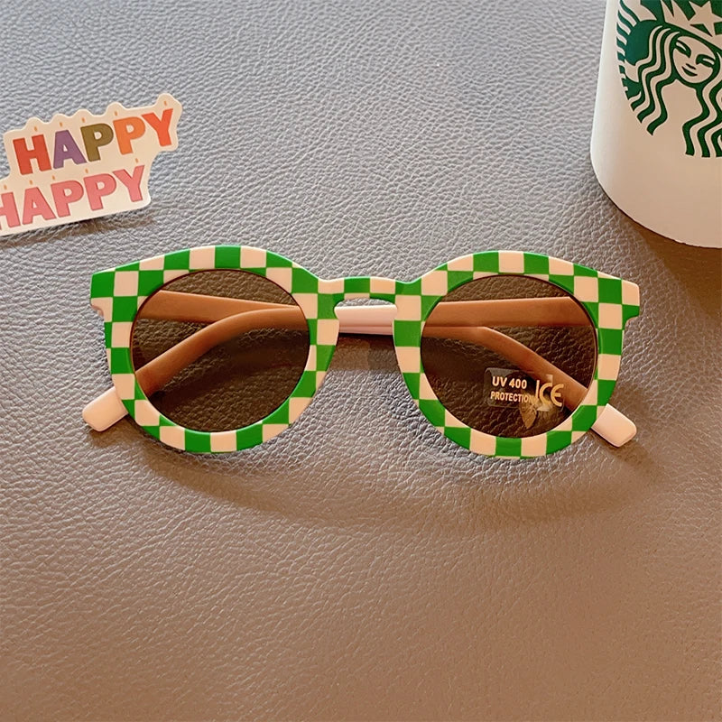 New Kids Cute Checker Panel Color Round UV400 Eyeglasses Baby Girls Outdoor Sun Protection Sunglasses Children Glasses