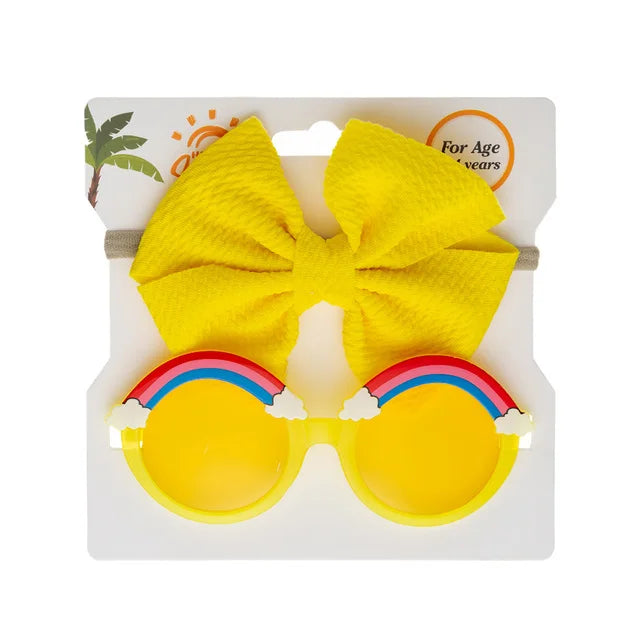 2Pcs/Set Rainbow Baby Sunglasses Bullet Bow Elastic Nylon Hair Bands Kids Boys Girls Cute Sun Glasses Photography Props