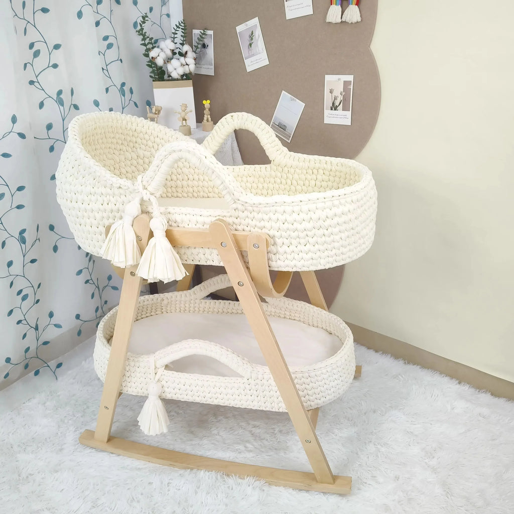 Baby Cradle Handwoven Beige Crochet Bassinet Portable Moses Basket Newborn Lounger with Wooden Stand and Soft Mattress
