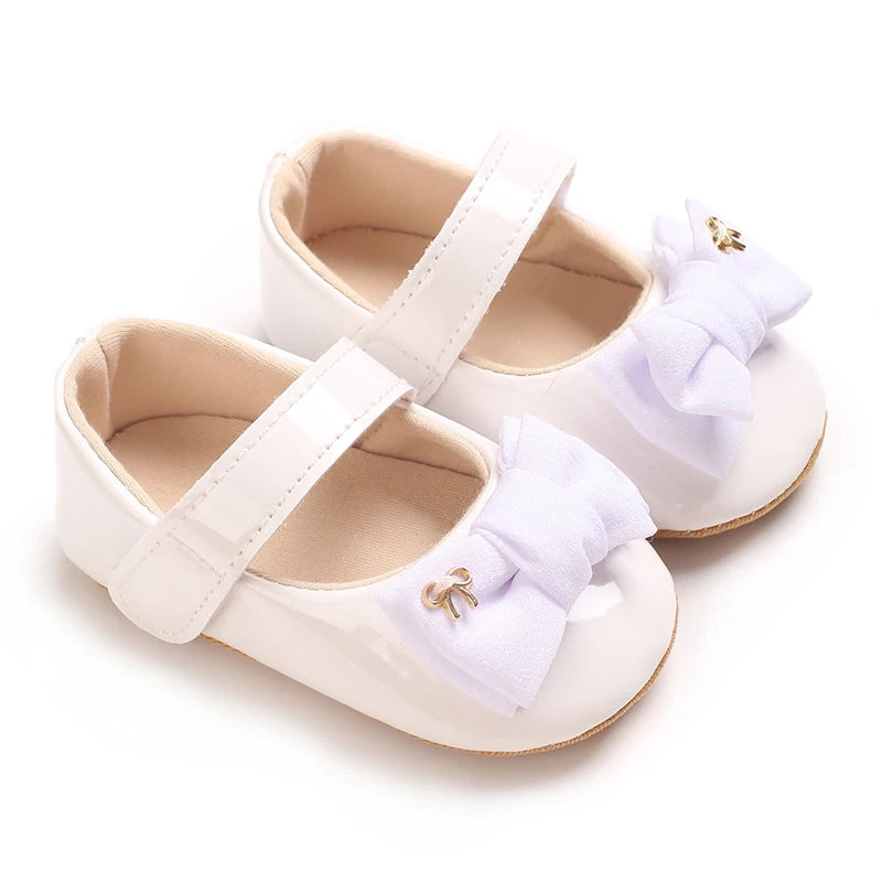 VALEN SINA 0-18 Months Newborn Girl White Shoes With Bow Non-slip Rubber Soft-Sole Flat PU First Walker Mary Janes
