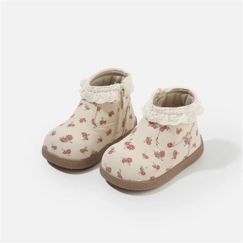 Autumn Baby Boots Leather Cute Flower Lace Princess Girls Shoes Kids Ankle Boots Fashion Toddler Baby Boots