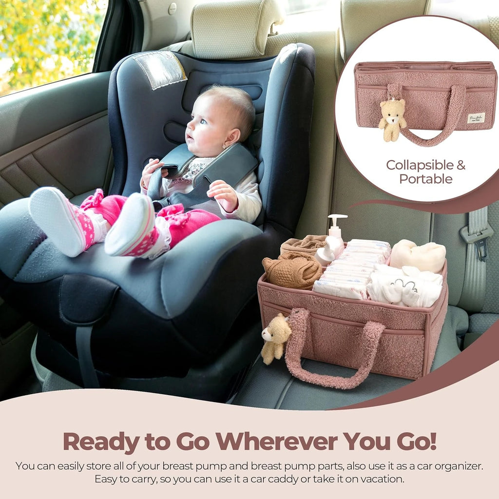 Baby Diaper Caddy Organizer for Changing Table, Plush Diaper Stackers & Caddies Diaper Bag with Teddy Bear,Diaper Storage Basket